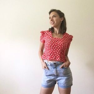 1980s Red And White Star Print Crop Top (Size 7)